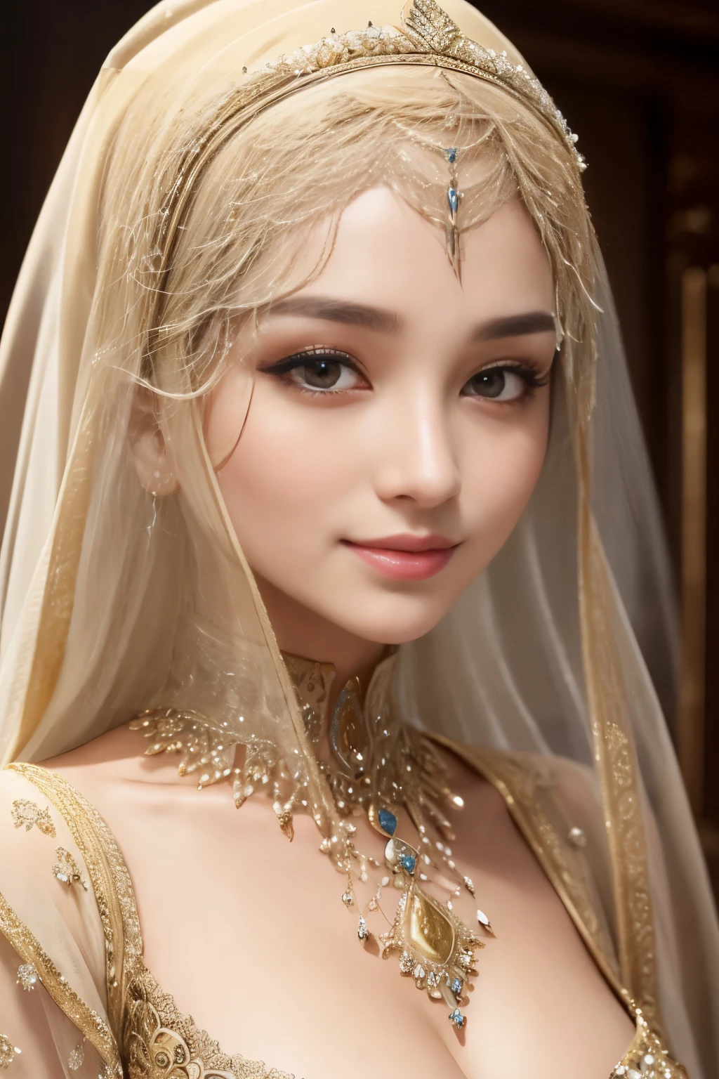 see-through, transparent, Flashy, grandeur, glamor, cleavage, hijabi, Absurd, ultra-detailed, high quality, masterpiece, detailed face, beautiful eyes(detailed eyes), javanese, gentle and graceful, face exudes warmth and kindness, eyes described as soft and comforting, gentle and steady gaze, overall appearance is simple and modest, The fabric of her garments is usually depicted as soft and earth-toned, beauty lies not in extravagant adornments, Her smile is serene and welcoming