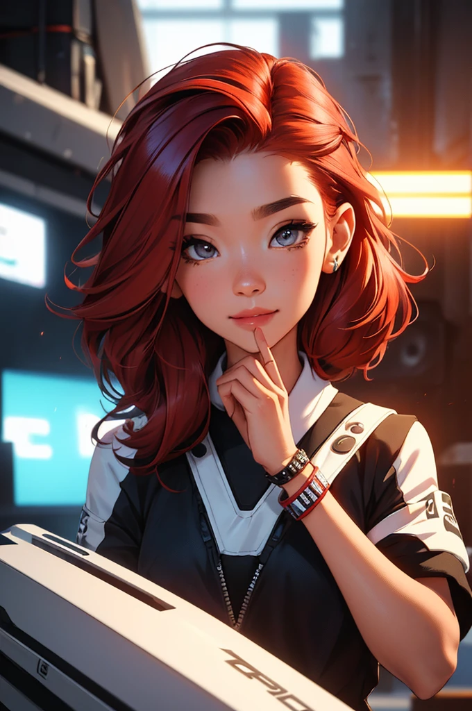 red hair, zoom in face, close-up, portrait, futuristic girl in a mechapunk hangar, (work of art, best qualityer, ultra detali, high resolution, 4K),(beautiful detailed eyes),(very highly detailed face),(1 girl),HDR,long hair, Shorts, phone, eyes browns, bracelet, regatta, to attend, lips, focus only, glaze, Blurry background, ssmile, wristto attend, realisitic, Blurry, looking ahead at viewer
