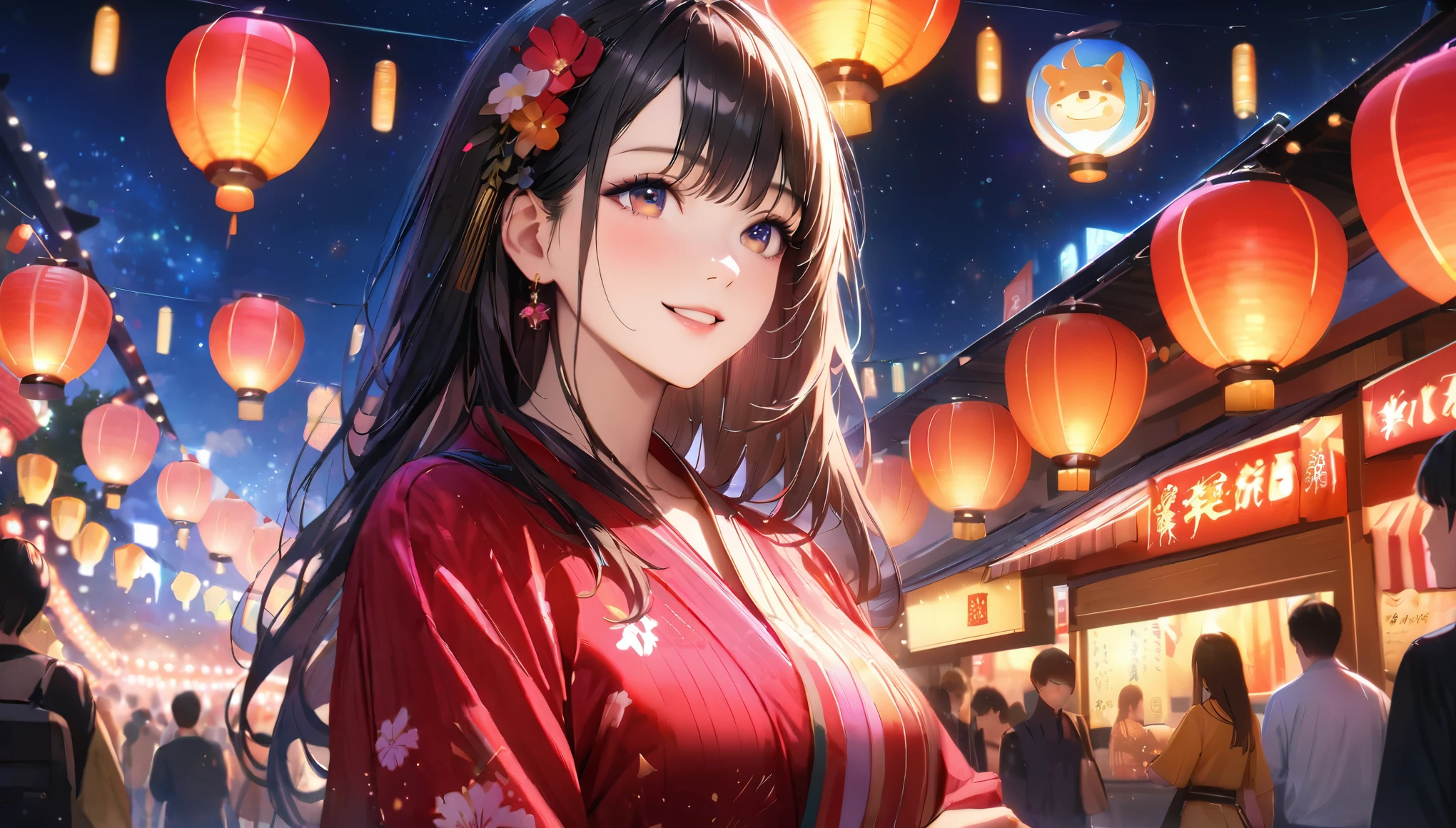 Summer festival,Date with her,night, Starry Sky,yukata,Gazing at the sky,high school girl,smile,Glitter effect,Highest quality, 8k, High resolution, masterpiece:1.2, Very detailed, Realistic:1.37, High resolution, 超High resolution, Ultra-fine painting, Very detailed, Professional, Vibrant colors