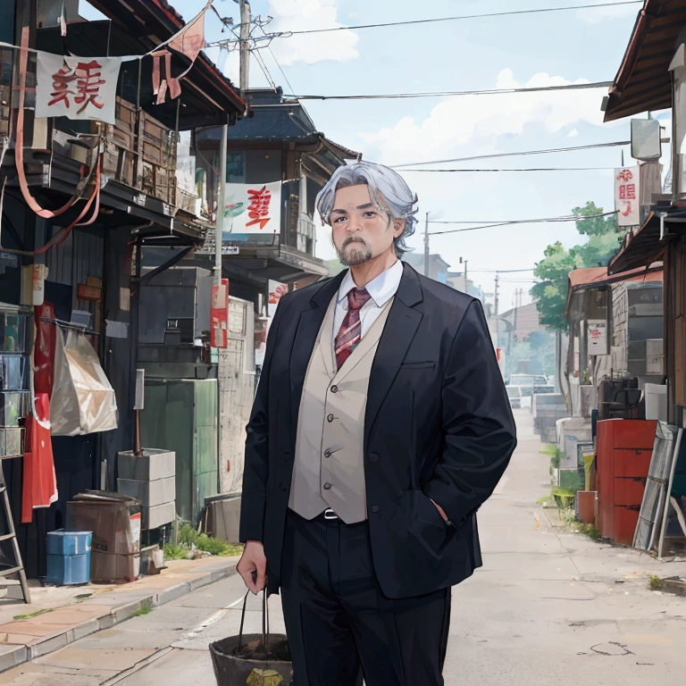 A middle-aged man expressing his gratitude and determination to the residents。In the background、A scene of the defense line being improved and the supply system being improved.、It depicts the residents understanding their roles and taking action.、Please express it in a way that gives a sense of new order and unity to the whole town.。