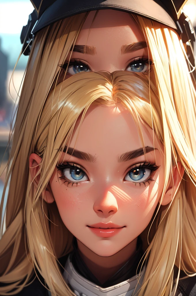 blonde hair, zoom in face, close-up, portrait, futuristic girl in a mechapunk hangar, (work of art, best qualityer, ultra detali, high resolution, 4K),(beautiful detailed eyes),(very highly detailed face),(1 girl),HDR,long hair, Shorts, phone, eyes browns, bracelet, regatta, to attend, lips, focus only, glaze, Blurry background, ssmile, wristto attend, realisitic, Blurry, looking ahead at viewer