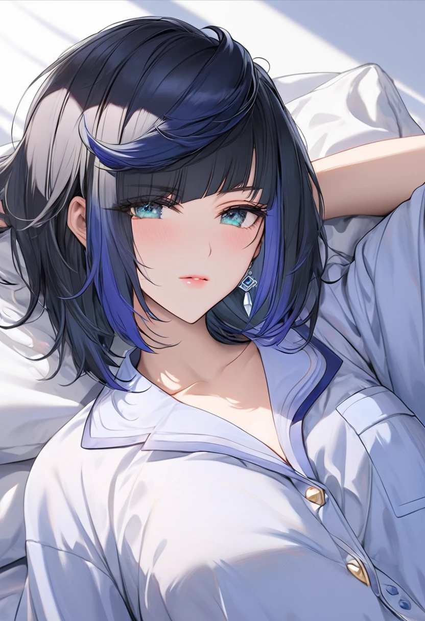(Genshin Yelan)(masterpiece), (best quality), (Super detailed),(Messy hair),(illustration), (1 Girl), (Simple background),Beautiful and delicate eyes, Delicate and beautiful face(High Saturation)(,(shining), focus on face, Bangs, (shining), Optimal lighting, The best shadow,The lens is close,Sleepy,Rubbed his hair,Loose pajamas