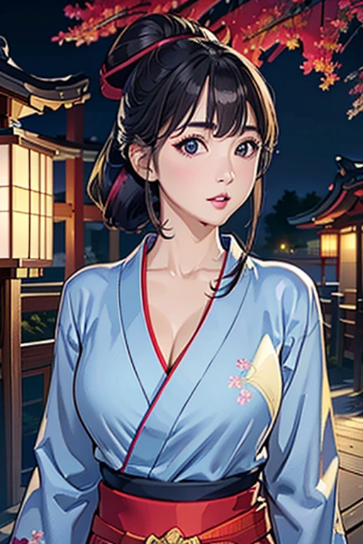 (Highest quality、 8k wallpaper、masterpiece、High resolution)、Vibrant colors、Ample breasts、Black hair in a Japanese round topknot、Beautiful girl in yukata、(Highly detailed face and eyes、Beautiful Face、Beautiful Eyes、Beautiful nose、Pretty lips)、A friendly gaze、Highly detailed background、Japanese garden、moonlight、Autumn scenery、Cowboy Shot、Official Art、