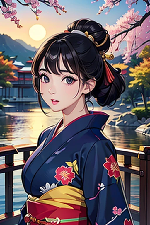 (Highest quality、 8k wallpaper、masterpiece、High resolution)、Vibrant colors、Ample breasts、Black hair in a Japanese round topknot、Beautiful girl in yukata、(Highly detailed face and eyes、Beautiful Face、Beautiful Eyes、Beautiful nose、Pretty lips)、A friendly gaze、Highly detailed background、Japanese garden、moonlight、Autumn scenery、Cowboy Shot、Official Art、