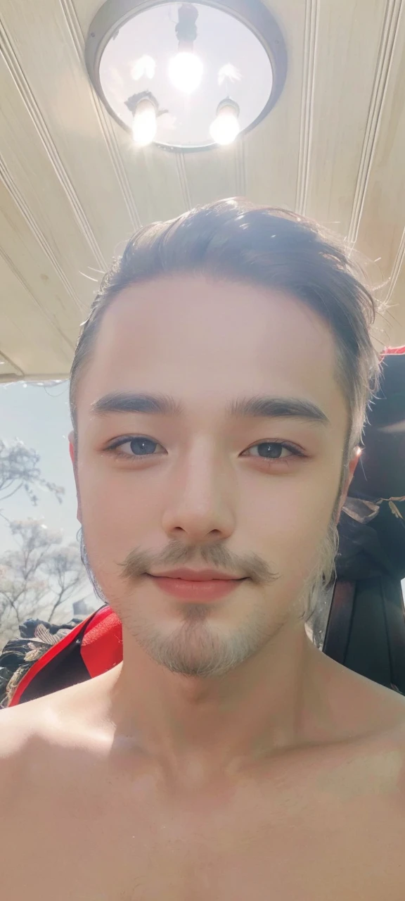 HDR,UHD,8K,best quality,lovely boy,half-body appearance,black hair, medium hair,(detailed light),feather,nature,(sunlight),(shine,kind_smile,,an innocent medium beard and seductive expression,