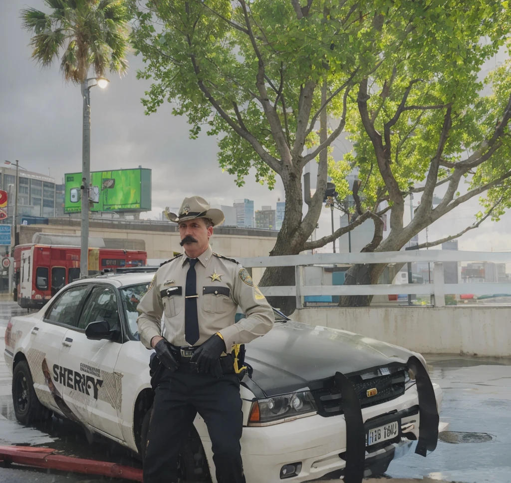 make the sheriff emergency vehicle look realistic as well as the Sheriff officer with his moustache, hat and outfit with a city in the background while raining