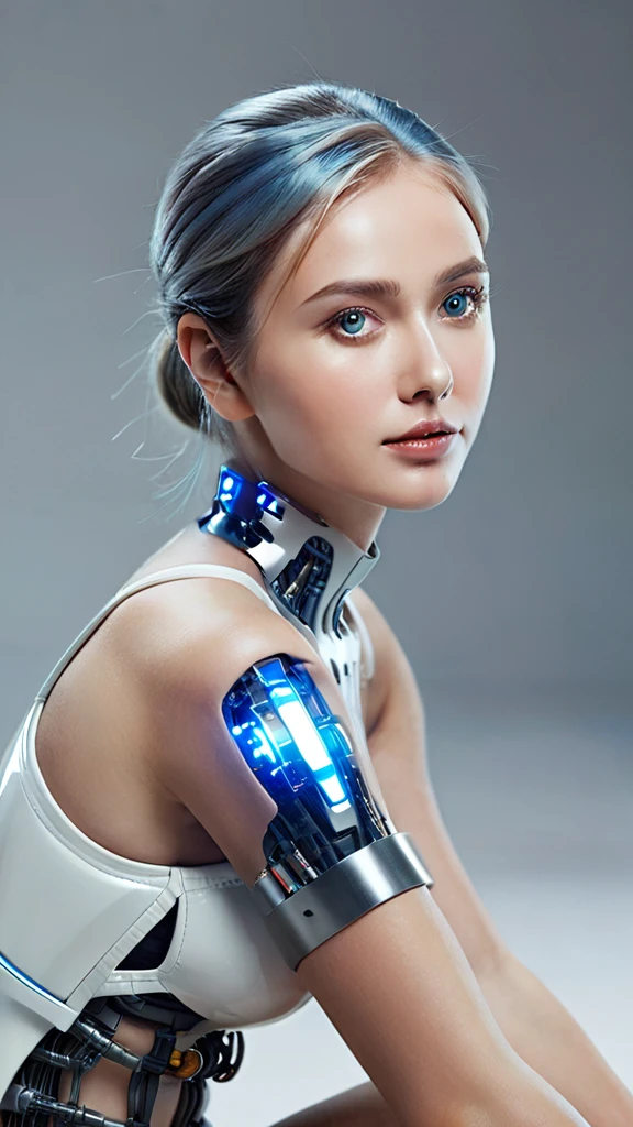 ```
Full-body female cyborg, 100% visible from head to toe, including feet.
16:9 aspect ratio, subject centered, occupying 75% of frame height.
Ample space above head and below feet, ensuring entire figure is shown.
Front-facing pose, eyes looking directly at viewer.
Natural standing position, arms relaxed at sides.
Feet clearly visible, planted firmly on the ground, shoulder-width apart.
Balanced blend of human and cybernetic features.
Facial expression conveying human emotion and warmth.
Slavic features: high cheekbones, clear blue eyes, fair skin.
Shoulder-length platinum blonde hair with subtle tech highlights.
Feminine body shape with elegant cybernetic enhancements.
Seamless integration of metal and synthetic skin across entire body.
Transparent panels on arms, legs, and torso revealing intricate inner workings.
Hands and feet in full view, showing delicate robotic articulation.
Legs fully extended, emphasizing full-length visibility.
Form-fitting outfit accentuating both human curves and tech elements.
Soft, pulsing blue energy lines tracing major body contours to the toes.
Simple, futuristic background not obscuring any part of the figure.
Even, warm lighting emphasizing both organic and synthetic features.
Composition prioritizing complete visibility from head to toe.
Human-like posture and body language despite technological additions.
Overall aesthetic: beautiful, advanced, and unmistakably human-cyborg hybrid.
```