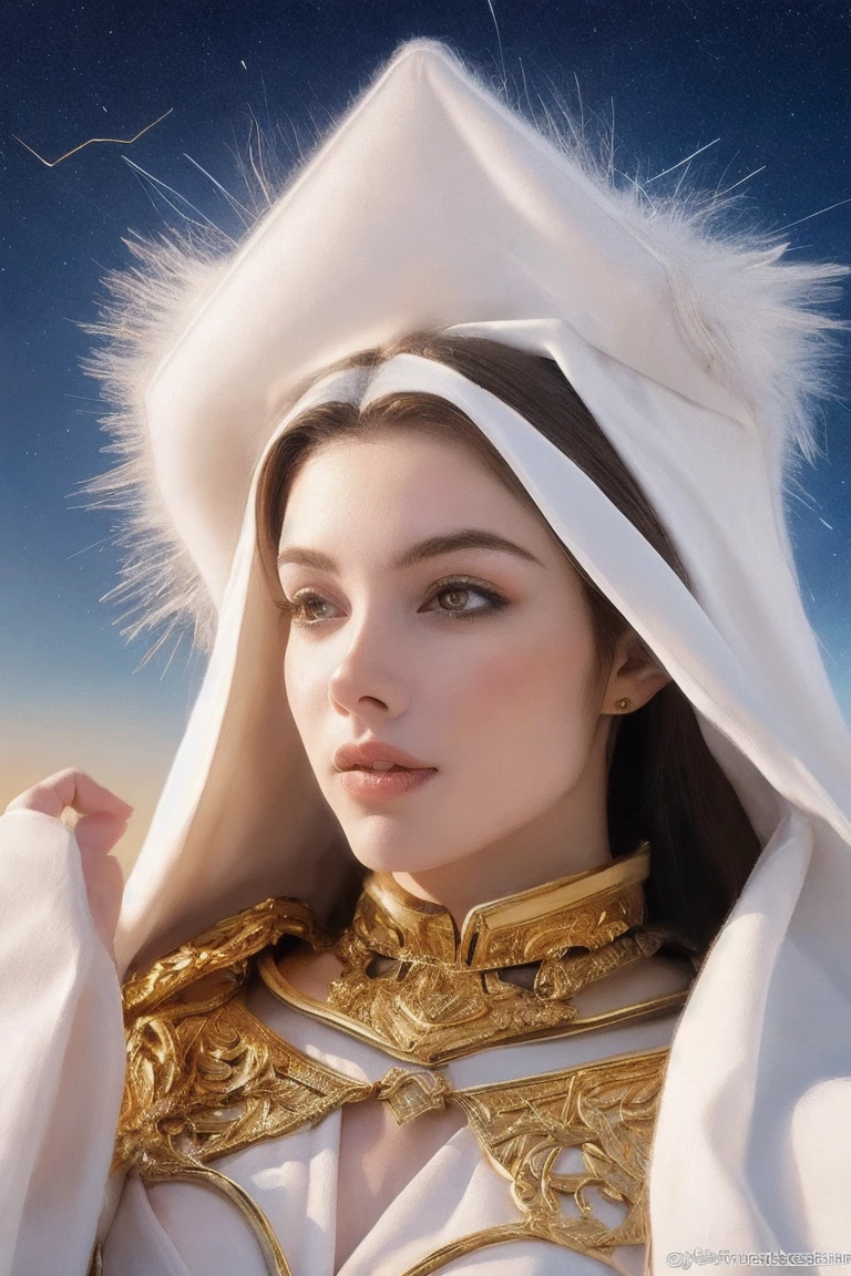 (Masterpiece, Top Quality, Best Quality, Official Art, Beauty and Aesthetics: 1.2), (1 Girl), Extreme Detail, (Fractal Art: 1.3), Colorful, Supreme Detail, Perfect Face, Upper Body, HDR, Prayer, (White Cloak Golden Lines: 1.2), Starry Sky, Shooting Star, Light Stripes, Surrealism.