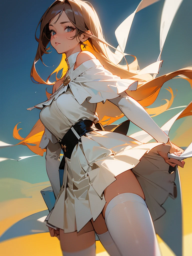 (Best quality)), ((masterpiece)), (detailed),
1 girl, very hot physique, long light hair, neat facial features, white off-shoulder blouse, short white tennis skirt, and high white stockings, she doesn't wear shoes, she has big hot breasts, who pops out of her blouse, pulling it on.She is sitting on the bed and has a shocked expression on her face..