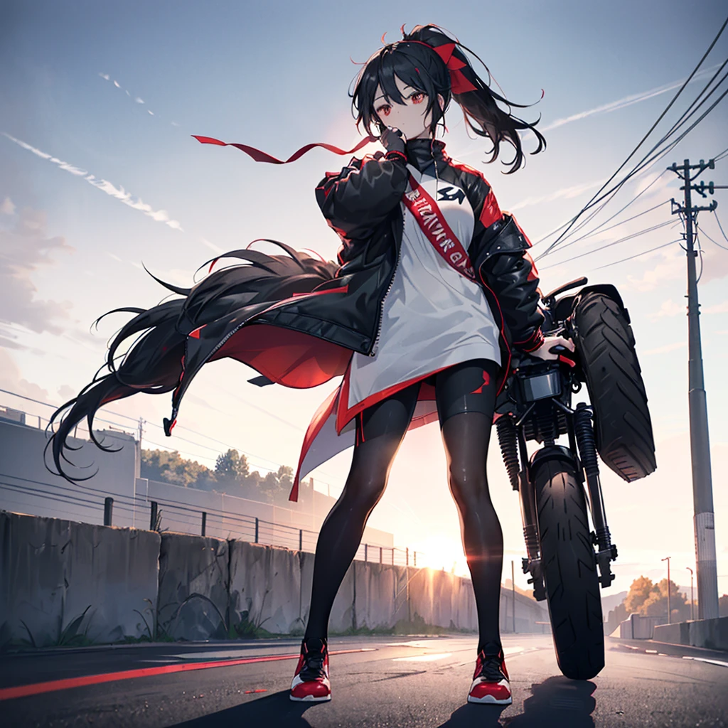 ((((Female rider、drive、forward leaning posture Full Body Tights、Black Red Motorcycle、get on)))) (((Black Hair、ponytail、Blowing in the Wind Bright red eyes))) ((Expressway、Light、Light)) Shining Edge Shining Background