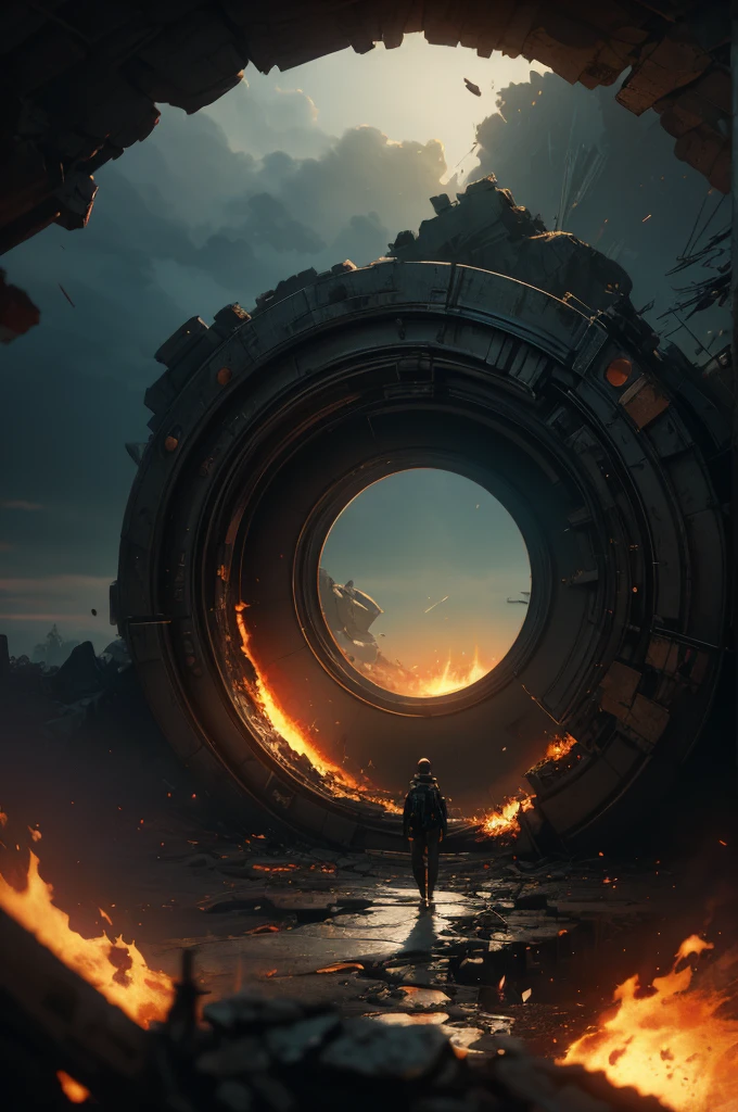 Aerial view of stratocumulus forming a circular portal in the horizon by Ismail Inceoglu and Studio Ghibli, portal to a world in fire, 8 k, anime art style, cover art, dramatic scene Octane Render made by Studio Ghibli, great detail of depth, exceptional lighting, sunset, triadic colors, ominous,