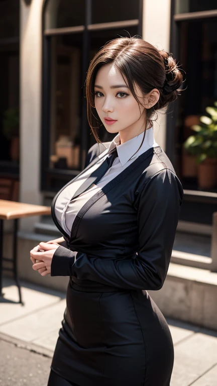 (8k, RAW Photos, 最high quality, masterpiece: 1.2), (Realistic, photoRealistic: 1.37), 1 A woman in a waitress uniform standing on the sidewalk, , Professional Lighting, Photon Mapping, , Italyのの女性, Torn, Sommelier、,Italy、Italy、 Ultra compact uniform、,At a fine dining restaurant， 胸がbig、Incredibly beautiful face、masterpiece, 最high quality, high quality, High resolution, big , (Face close-up),working at a restaurant、Carrying tableware、Hair is tied、Updo、Playmate proportions、Elo Waitress、Please tie your hair tightly、expose as much skin as possible、、The ultimate revealing outfit、Slicked back hair、Infinite Strip、Slicked back hair、oh、Nipple poking stimulation、Accentuate your under bust、