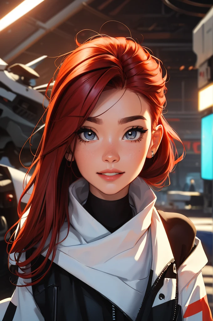 red hair, zoom in face, close-up, portrait, futuristic girl in a mechapunk hangar, (work of art, best qualityer, ultra detali, high resolution, 4K),(beautiful detailed eyes),(very highly detailed face),(1 girl),HDR,long hair, Shorts, phone, eyes browns, bracelet, regatta, to attend, lips, focus only, glaze, Blurry background, ssmile, wristto attend, realisitic, Blurry, looking ahead at viewer
