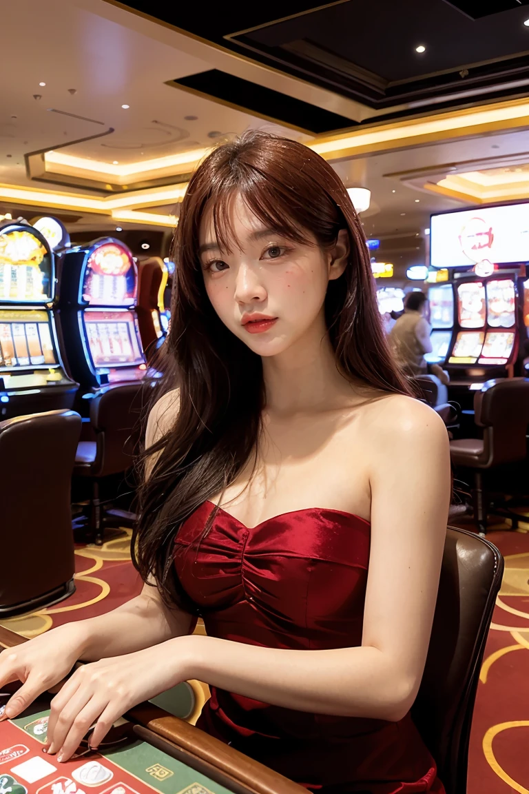 Classic Hollywood glamour.., A in a beautiful red evening gown, Amazing accessories, (Attractive eyes, red lips, beautiful, ผิวbeautifulไร้ที่ติ), luxurious backdrop, velvet curtains, amazing gesture, Interesting composition, spotlight illumination, rich shadow, shallow depth of field, Sparkling bokeh, exquisite details, high resolution, 35mm film, Timeless elegance. portrait photography, 35mm film, Naturally blurred, (random background,In casinos,VIP casino room, Modern Casino Console, Modern Slot Machines )