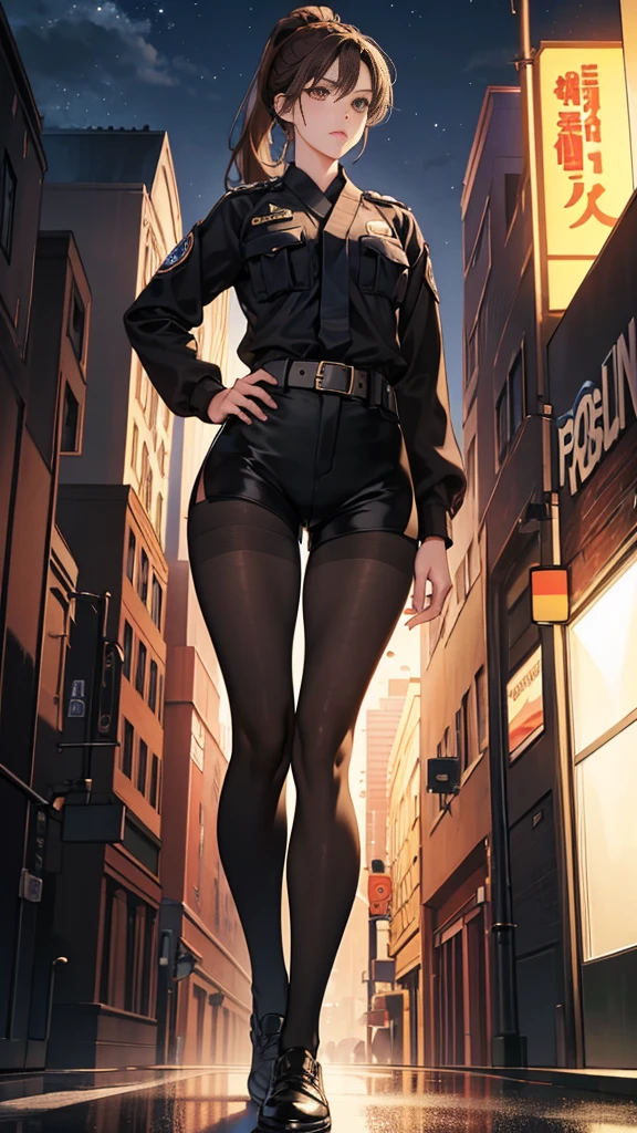 {{masterpiece}}, {{{best quality}}},{{ultra-detailed}}, {{illustration}},{{tall stature}},{{adult women}},((Black tights and shorts)),Small breasts,Slender,{{Hands on hips}},((Leggings with integrated shorts)), Female police officer Brown hair ponytail Place your hands on your knees 1 female,alone, Downtown at night long sleeve police uniform Black pantyhose View from below Black Belt
