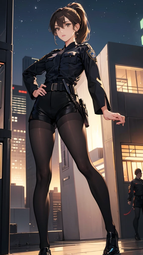 {{masterpiece}}, {{{best quality}}},{{ultra-detailed}}, {{illustration}},{{tall stature}},{{adult women}},((Black tights and shorts)),Small breasts,Slender,{{Hands on hips}},((Leggings with integrated shorts)), Female police officer　Brown hair ponytail　Place your hands on your knees　1 female,alone,　Downtown at night　long sleeve police uniform　Black pantyhose　View from below　Black Belt