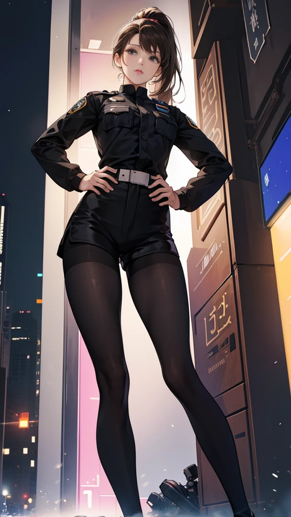 {{masterpiece}}, {{{best quality}}},{{ultra-detailed}}, {{illustration}},{{tall stature}},{{adult women}},((Black tights and shorts)),Small breasts,Slender,{{Hands on hips}},((Leggings with integrated shorts)), Female police officer Brown hair ponytail Place your hands on your knees 1 female,alone, Downtown at night long sleeve police uniform Black pantyhose View from below Black Belt