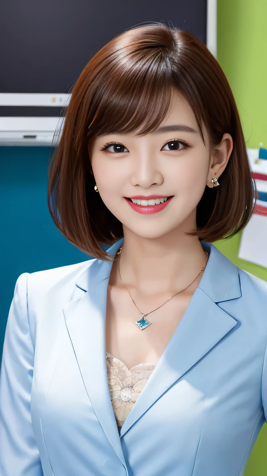 Highest quality:1.2), RAW Photos, High resolution, Very detailed, Intricate details, Short Haircut、、、ear piercing、smile、Beautiful teeth alignment、Black Hair、Clear beauty,(High quality fabric, Office Lady Suits ）、Necklace around the neck、, The background is the office