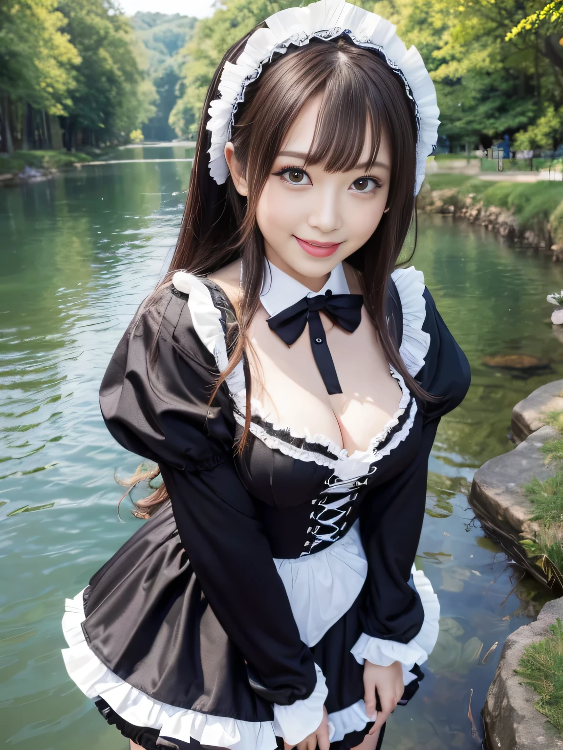 (Full body portrait:1.5)、、Slim and flat chested、smile、Smiling with teeth showing、Large Breasts、Highest quality,masterpiece,Ultra-high resolution,(Actual:1.4),Original photo,Ultra-high resolution，8k，There are also women，Gothic Lolita Uniform、Maid Costume Cosplay、River Scenery、With confidence, Beautiful and generous，Please lift your skirt and show me your underwear....、
