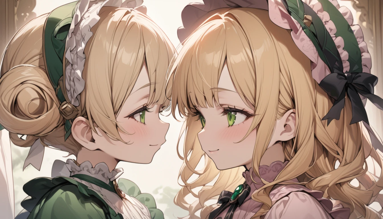 Blonde hair,ringlet,emerald green eyes,long eyelashes,light pink victorian dress,puffy short sleeves,frilled dress,frilly wide brimmed Bonnet with bows,fringe bangs,bustshot,masterpiece,highress,soft smile,bishoujo,peterpan collar,sideview,facing away,