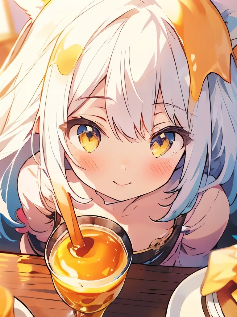 masterpiece、girl、White Hair、Long Hair、Sparkling eyes、Cat ear、smile、bright、(((Caramel sauce and custard pudding)))、((Composition from above))