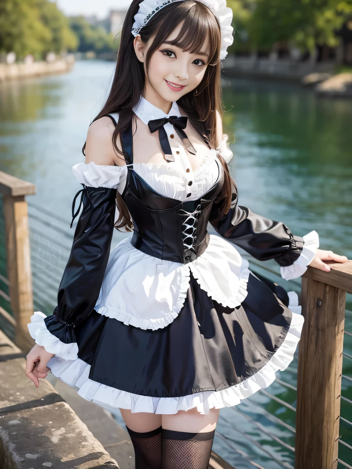 (Full body portrait:1.5)、17 years old、Slim and flat chested、smile、Smiling with teeth showing、Large Breasts、Highest quality,masterpiece,Ultra-high resolution,(Actual:1.4),Original photo,Ultra-high resolution,8k,There are also women,Gothic Lolita Uniform、Maid Costume Cosplay、River Scenery、With confidence, Beautiful and generous,Please lift your skirt and show me your underwear....、
