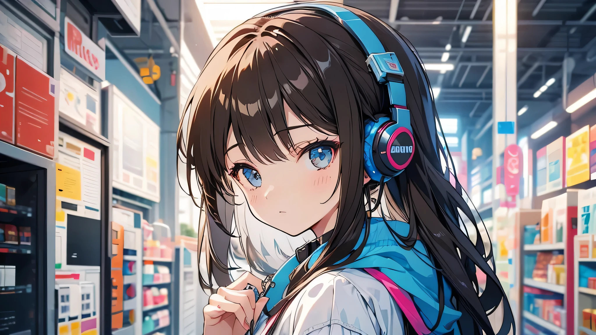 Girl wearing headphones。Brown Hair。