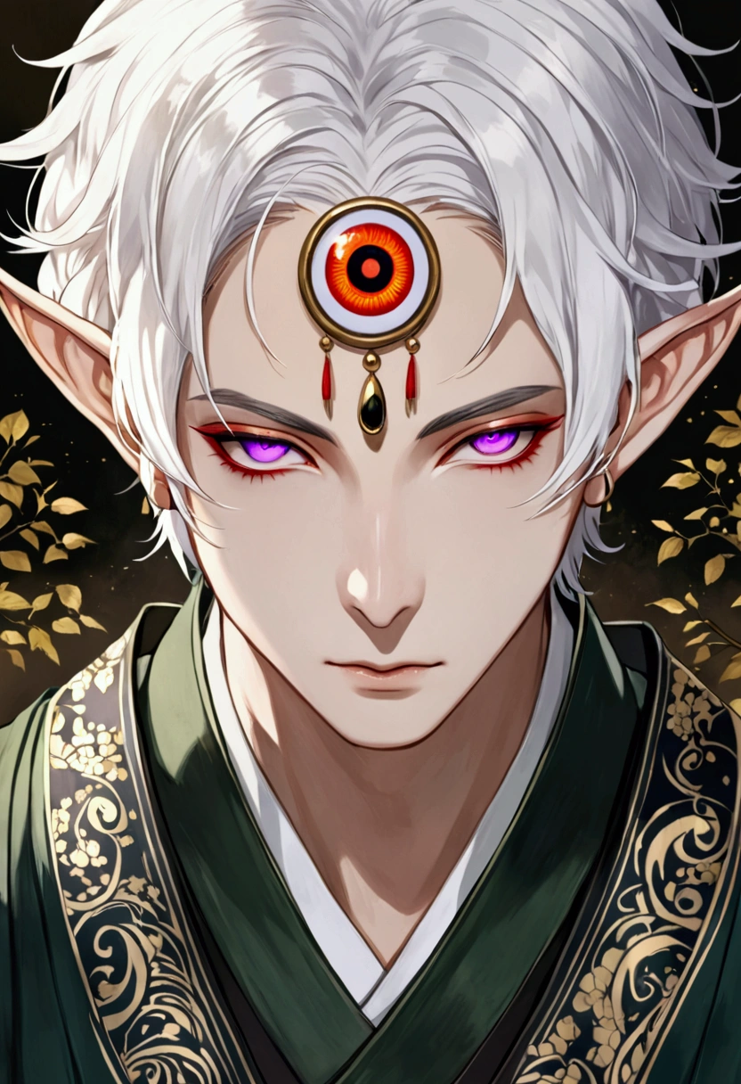 Dark illustration,(((1 Boy,独奏,third eye on the forehead,Dark eyeshadow.Middle-parted white hair-super short hair,Elf ears))),(((Japanese clothing:1.6))).Soft and elegant colors