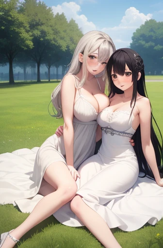 Big Breasts:1.2、、Highest quality、Very detailed、Highly realistic eye masterpiece、Highest quality、Very detailed、Gray Hair、Perfect Face、Long Hair、White Dress、Sundress、Yuri、Two Girls、anime、countryside、Embrace each other、Lie