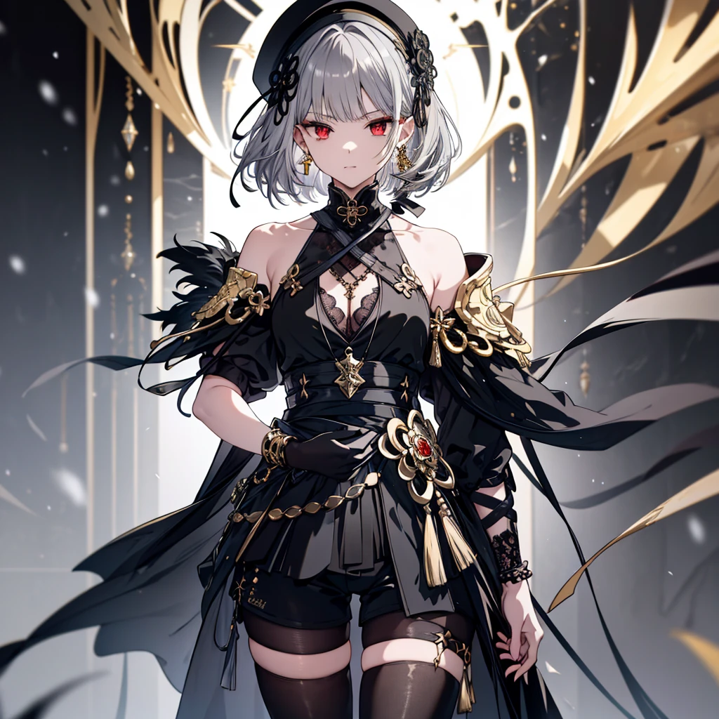 8k,High resolution RAW color art,Anime Art,Silver Marble Skin, (((Very detailed and cool))), Detailed skin, Bokeh、texture,(Exquisitely crafted, The finer details, Ultra-detailed art), (((1 girl))), Depth of written boundary, Silky Touch, Hyper Detail, (((Cool face))), eye shadow、Armed women, Beautiful detailed red eyes, Beautiful lip detail, Highly detailed face, Delicate depiction of hair and eyes, Detailed Fashion, Golden Earrings,Full body depiction, Black half top、(((Shoulder Bare)))、Black shorts、Waist Cloak、black tights、Golden decoration, Grey Hair, Golden bracelet, Straight Hair、Short Hair、(((Hair)))、Simple Background、(((Black theme)))、snow、Side view、Put your left hand forward、look down、cloth、Clear face