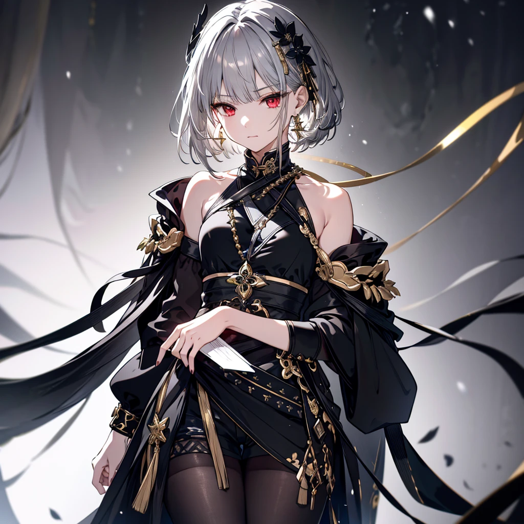 8k,High resolution RAW color art,Anime Art,Silver Marble Skin, (((Very detailed and cool))), Detailed skin, Bokeh、texture,(Exquisitely crafted, The finer details, Ultra-detailed art), (((1 girl))), Depth of written boundary, Silky Touch, Hyper Detail, (((Cool face))), eye shadow、Armed women, Beautiful detailed red eyes, Beautiful lip detail, Highly detailed face, Delicate depiction of hair and eyes, Detailed Fashion, Golden Earrings,Full body depiction, Black half top、(((Shoulder Bare)))、Black shorts、Waist Cloak、black tights、Golden decoration, Grey Hair, Golden bracelet, Straight Hair、Short Hair、(((Hair)))、Simple Background、(((Black theme)))、snow、Side view、Put your left hand forward、look down、cloth、Clear face