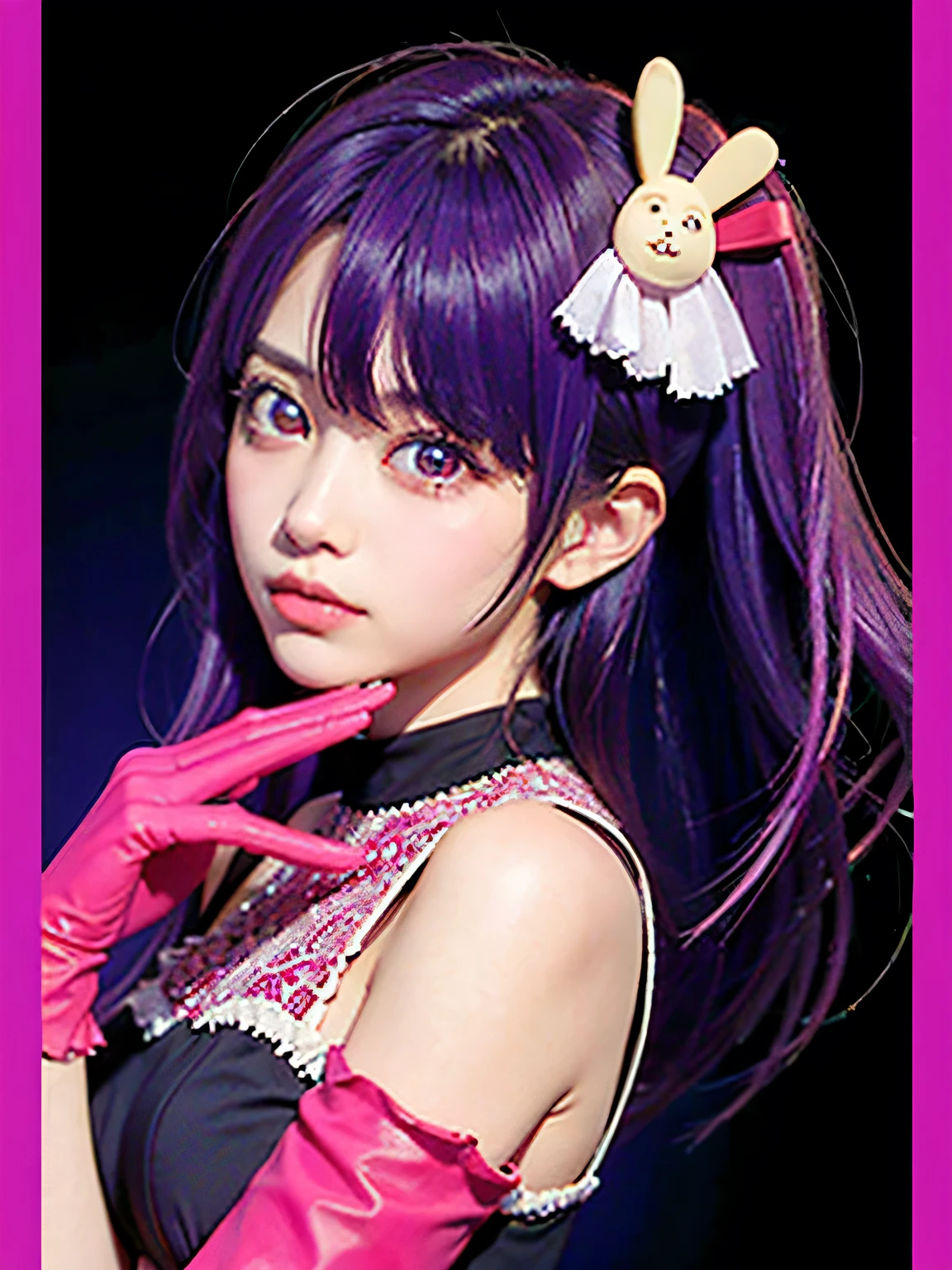 masterpiece, RAW Photos, 8K ultra-high resolution, fine grain, Detailed face, Highest quality, Very detailed,alone, hoshinoai, skirt, Pink gloves, hair ornaments, View your viewers, heart, Purple eyes, Light purple hair,Idol,Costumes