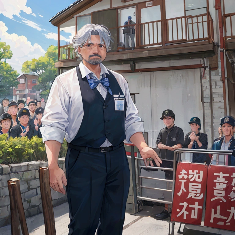 A middle-aged man expressing his gratitude and determination to a large group of residents.。In the background、A scene of the defense line being improved and the supply system being improved.、It depicts the residents understanding their roles and taking action.、Please express it in a way that gives a sense of new order and unity to the whole town.。