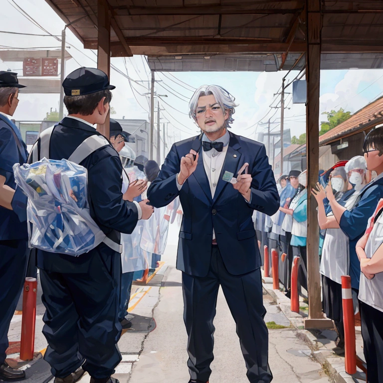 A middle-aged man expressing his gratitude and determination to a large group of residents.。In the background、A scene of the defense line being improved and the supply system being improved.、It depicts the residents understanding their roles and taking action.、Please express it in a way that gives a sense of new order and unity to the whole town.。