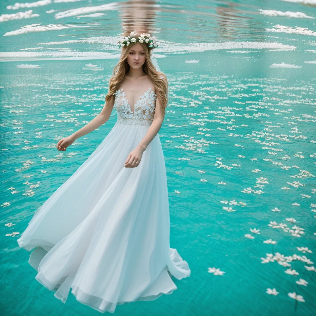 beautiful woman wears Pastel-colored  wedding dress and floating dress hem
underwater
she has long  hair 
White skin like a Scandinavian person
she looks super model
white flowers are scattered around
Like a real photo
blue eyes