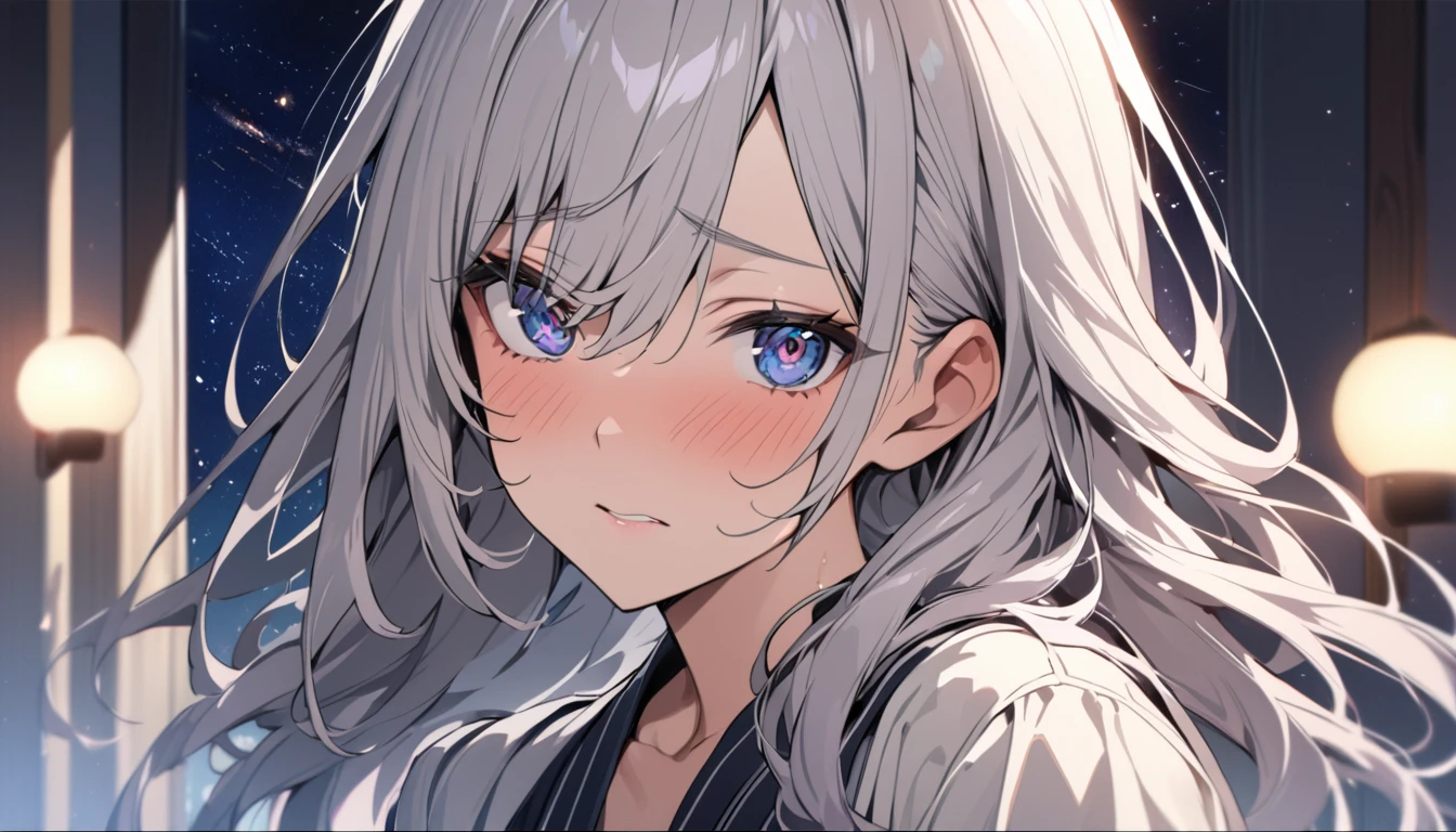 masterpiece, High resolution, perfect face, Japan beauties, 30 years old, beautiful face, star sky background, high school student, embarrassed look, look at the camera, (top quality eyes), detailed texture, Look at me, Married woman, cool women, ((high resolution eyes)), hentai eye