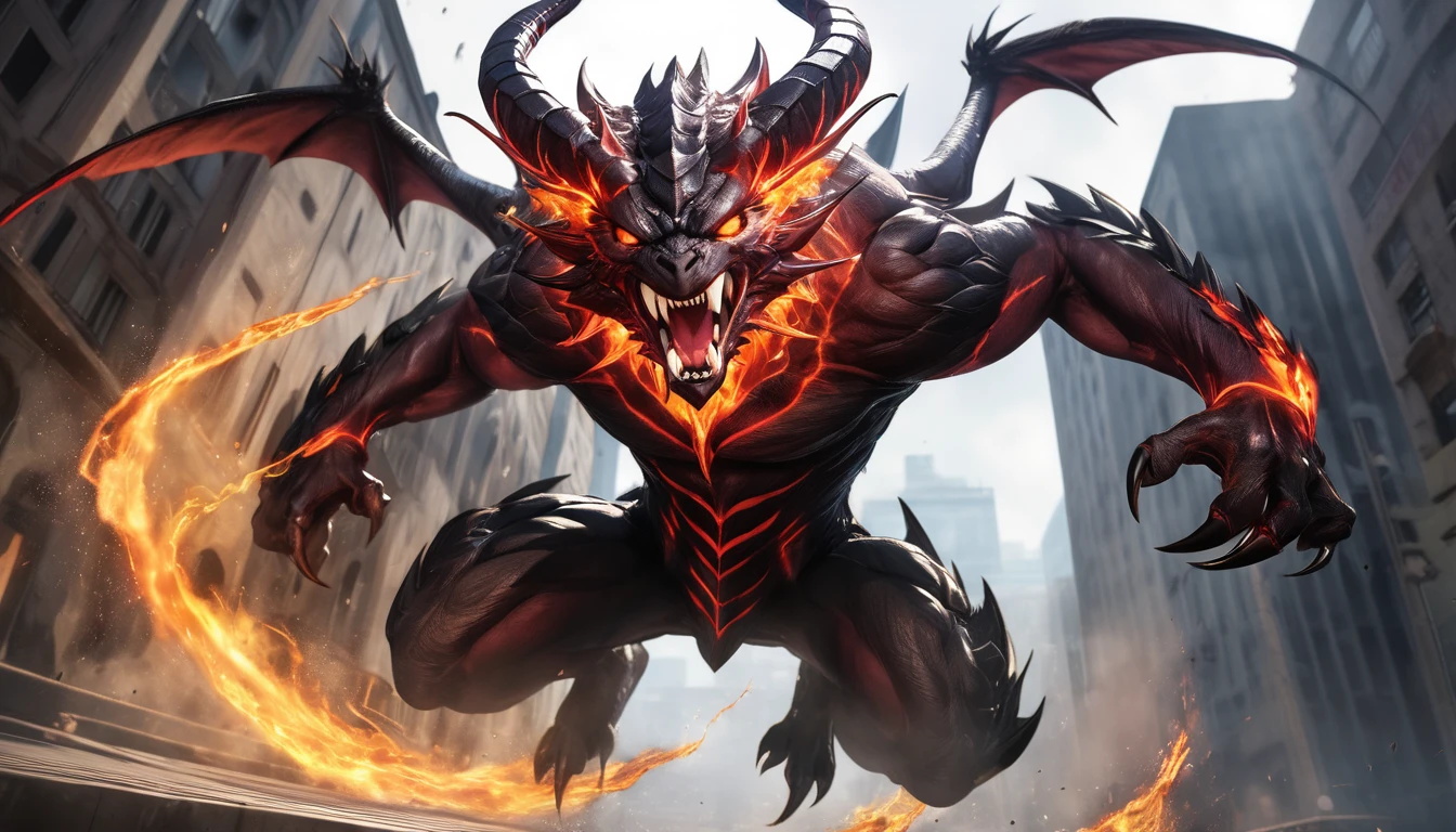 Realistic photos, RAW Photos, daemon, attacks viewer, Powerful movements, jump on prey, ((Dynamic jump)), Sharp Claws, daemon approaching from above, sudden approach, Bad-tempered, dynamic Shot from grand, flame magic