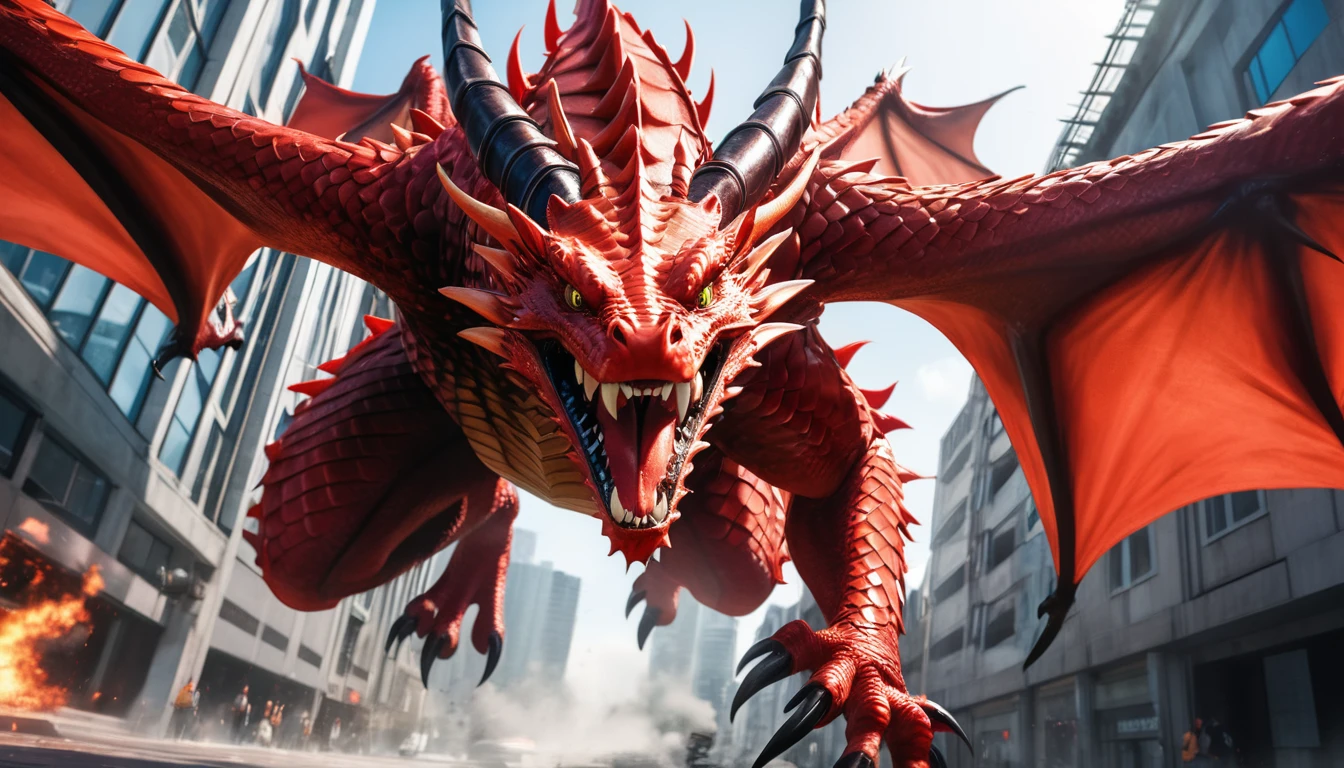 Realistic photos, RAW Photos, red dragon, attacks viewer, Powerful movements, jump on prey, ((Dynamic jump)), Sharp Claws, red dragon approaching from above, sudden approach, Bad-tempered, dynamic Shot from grand