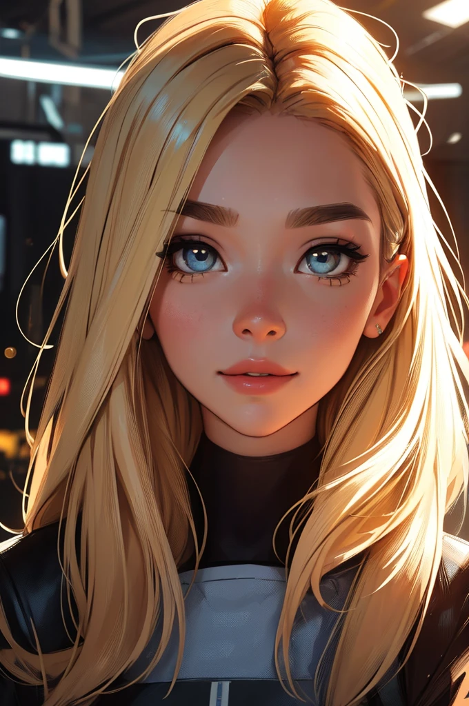 blonde hair, zoom in face, close-up, portrait, futuristic girl in a mechapunk hangar, (work of art, best qualityer, ultra detali, high resolution, 4K),(beautiful detailed eyes),(very highly detailed face),(1 girl),HDR,long hair, Shorts, phone, eyes browns, bracelet, regatta, to attend, lips, focus only, glaze, Blurry background, ssmile, wristto attend, realisitic, Blurry, looking ahead at viewer