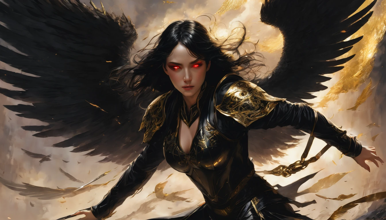Woman, caucasiana, red eyes, expressive face, overhanging, loose black hair, her hands are closed, black armor with gold detail, flying over, fallen angel with black wings, purgatory background.