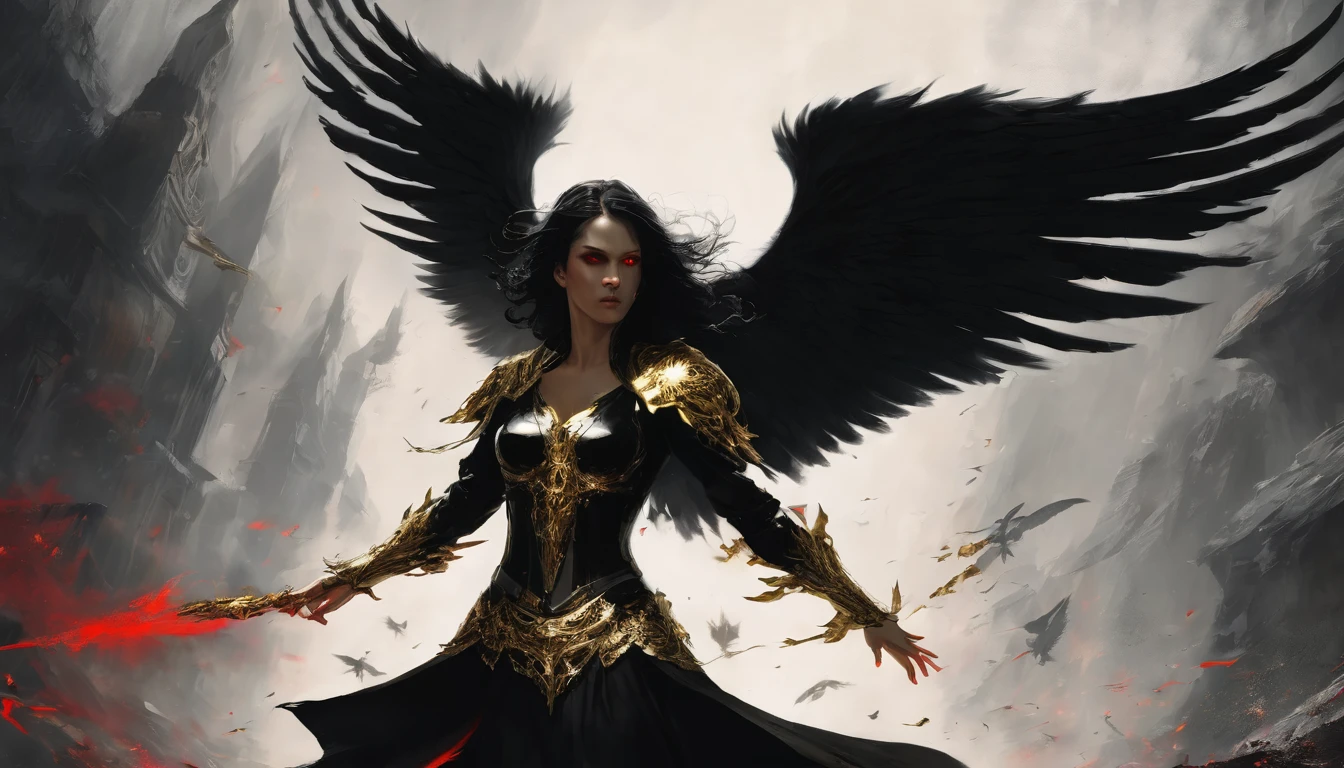 Woman, caucasiana, red eyes, expressive face, overhanging, loose black hair, her hands are closed, black armor with gold detail, flying over, fallen angel with black wings, purgatory background.