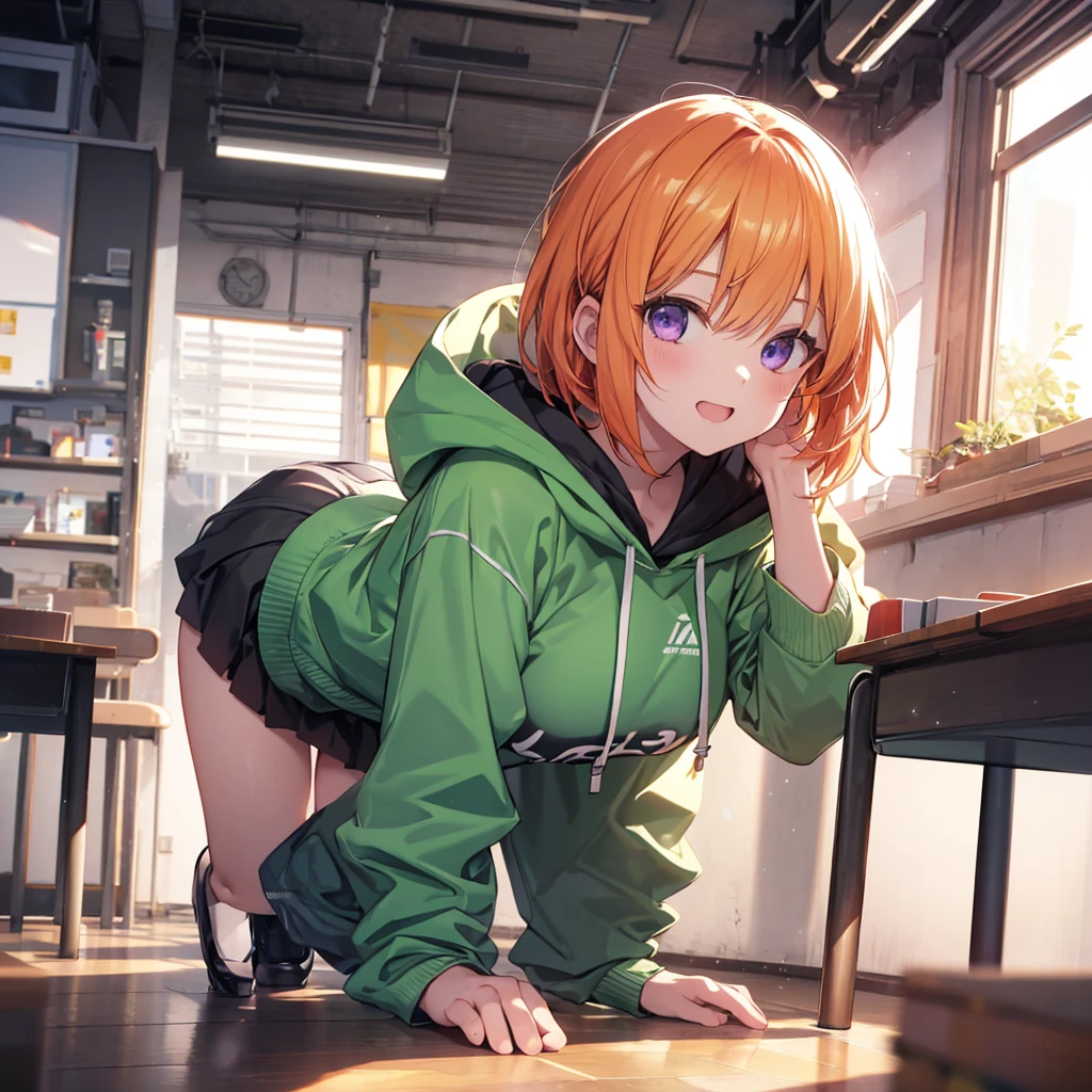 (Remember,On all fours:1.3),(Camel Toe:1.3),Highest quality,Best image quality,Perfect Anatomy,masterpiece,Very detailedな,beautiful,super high quality, Highest quality,High resolution, Very detailed,Game CG,Dutch Angle ,beautiful細部までこだわった目,Visual Arts,Five Fingers, Perfect hands,Hide your hands, {{{One Girl}}}, beautiful詳細な女の子, Game CG, Spring flower, One curl on the outside, Short Bob Hair, Pastel orange hair, Purple eyes,Stylish accessories solo, Breast augmentation, Medium Shoot, woman, Take-out, Laughter, Huge ,,Pastel green checkered mini skirt,Black Knee High, {{{{{Wearing a pastel green hoodie}}}}},Open your mouth, Daytime Classroom, wonderful, beautiful細部までこだわった目, Highest quality, Very delicate,Masseter region,Highest quality,(Official Art、Highest quality、unity 8k wallpaper、32K、masterpiece、Very detailedな、超High resolution、Realistic、Realistic:1.2)、(Cinema Lighting:1.2)、Fire glow effect、The most grainy shadows on the film、Side light、Side Shot、(Very detailedなで複雑な3Dレンダリング)、Atelier Series,
