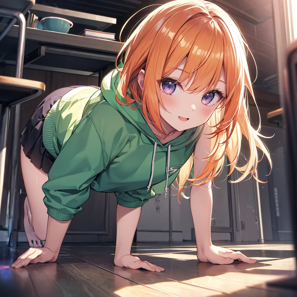 (Remember,On all fours:1.3),(Camel Toe:1.3),Highest quality,Best image quality,Perfect Anatomy,masterpiece,Very detailedな,beautiful,super high quality, Highest quality,High resolution, Very detailed,Game CG,Dutch Angle ,beautiful細部までこだわった目,Visual Arts,Five Fingers, Perfect hands,Hide your hands, {{{One Girl}}}, beautiful詳細な女の子, Game CG, Spring flower, One curl on the outside, Short Bob Hair, Pastel orange hair, Purple eyes,Stylish accessories solo, Breast augmentation, Medium Shoot, woman, Take-out, Laughter, Huge ,,Pastel green checkered mini skirt,Black Knee High, {{{{{Wearing a pastel green hoodie}}}}},Open your mouth, Daytime Classroom, wonderful, beautiful細部までこだわった目, Highest quality, Very delicate,Masseter region,Highest quality,(Official Art、Highest quality、unity 8k wallpaper、32K、masterpiece、Very detailedな、超High resolution、Realistic、Realistic:1.2)、(Cinema Lighting:1.2)、Fire glow effect、The most grainy shadows on the film、Side light、Side Shot、(Very detailedなで複雑な3Dレンダリング)、Atelier Series,