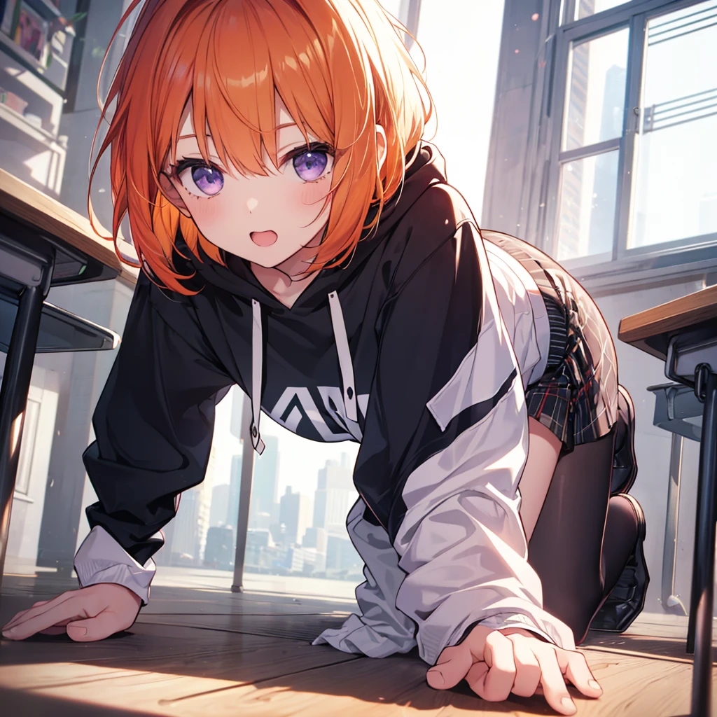 (Remember,On all fours:1.3),(Camel Toe:1.3),Highest quality,Best image quality,Perfect Anatomy,masterpiece,Very detailedな,beautiful,super high quality, Highest quality,High resolution, Very detailed,Game CG,Dutch Angle ,beautiful細部までこだわった目,Visual Arts,Five Fingers, Perfect hands,Hide your hands, {{{One Girl}}}, beautiful詳細な女の子, Game CG, Spring flower, One curl on the outside, Short Bob Hair, Pastel orange hair, Purple eyes,Stylish accessories solo, Breast augmentation, Medium Shoot, woman, Take-out, Laughter, Huge ,,Pastel green checkered mini skirt,Black Knee High, {{{{{Wearing a pastel green hoodie}}}}},Open your mouth, Daytime Classroom, wonderful, beautiful細部までこだわった目, Highest quality, Very delicate,Masseter region,Highest quality,(Official Art、Highest quality、unity 8k wallpaper、32K、masterpiece、Very detailedな、超High resolution、Realistic、Realistic:1.2)、(Cinema Lighting:1.2)、Fire glow effect、The most grainy shadows on the film、Side light、Side Shot、(Very detailedなで複雑な3Dレンダリング)、Atelier Series,