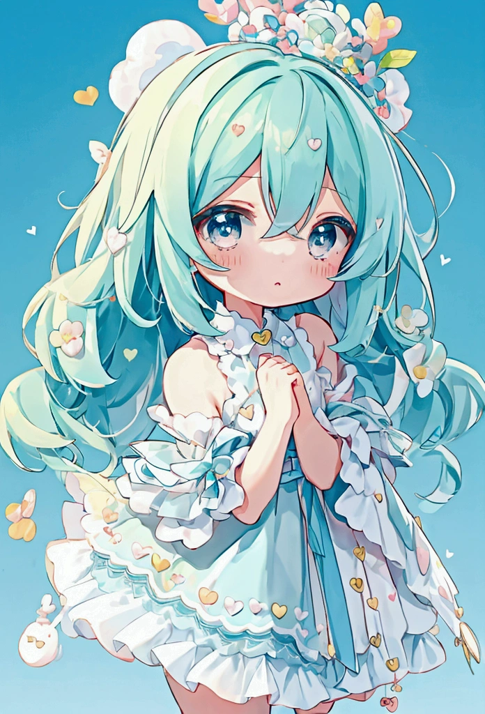 Cute style chibi girl, heart, soft, colorful, delicate, Expressive, texture, sharp, Green and Blue