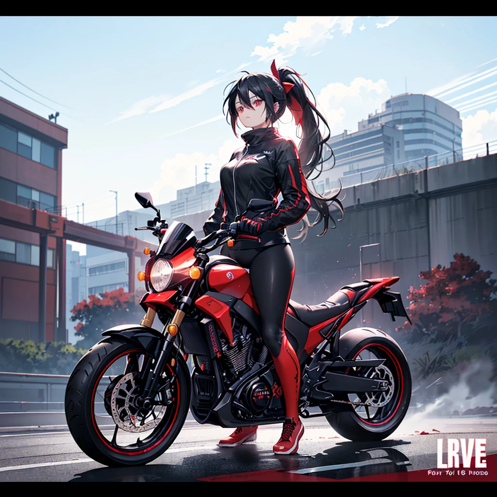 ((((Female rider、drive、forward leaning posture　Full Body Tights、Black　Red Motorcycle、get on))))　(((Black Hair、ponytail、Blowing in the Wind　Bright red eyes)))　((Expressway、Light、Light))　Shining Edge　Shining Background