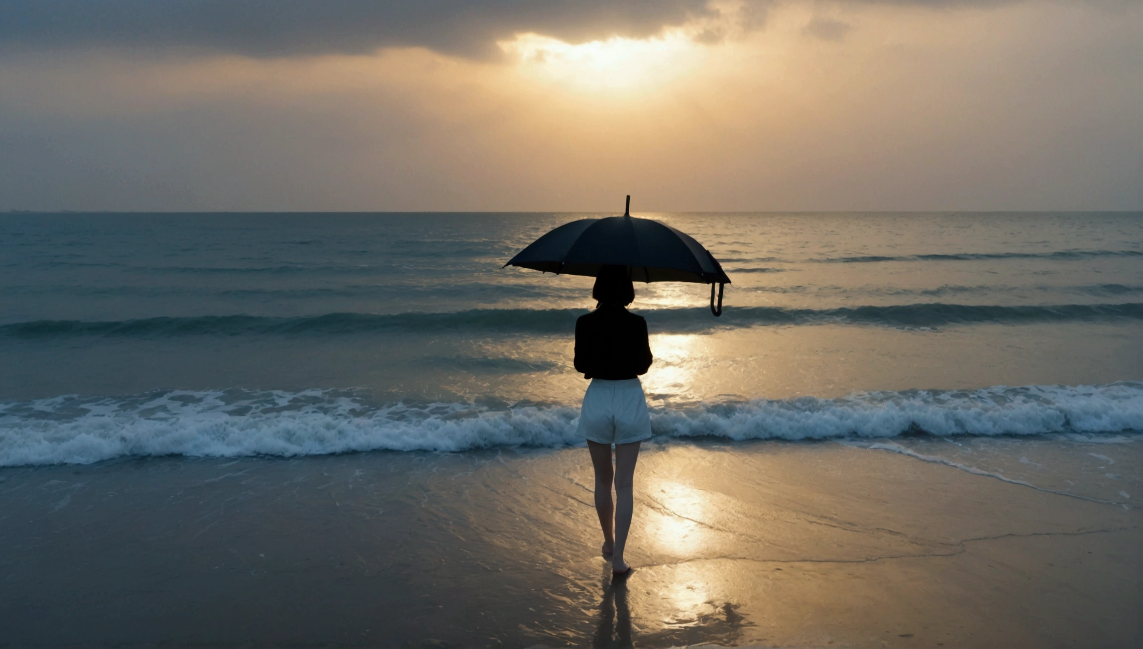 8k, Vivid picture quality, Vivid picture quality, long deserted beach, walking slowly from afar, Short hair, beautiful appearance, Model-like body, sunset의 붉은 빛, sunset, alone, afternoon, depressed, tide가 밀려온다, rain, medium size black umbrella, ocean, tide, wind, rain가 내리는, Short and slim Korean woman, Clear picture quality, tower, White shorts, rain가 내리는, Looking at the sea with a black umbrella, the sun goes into the sea