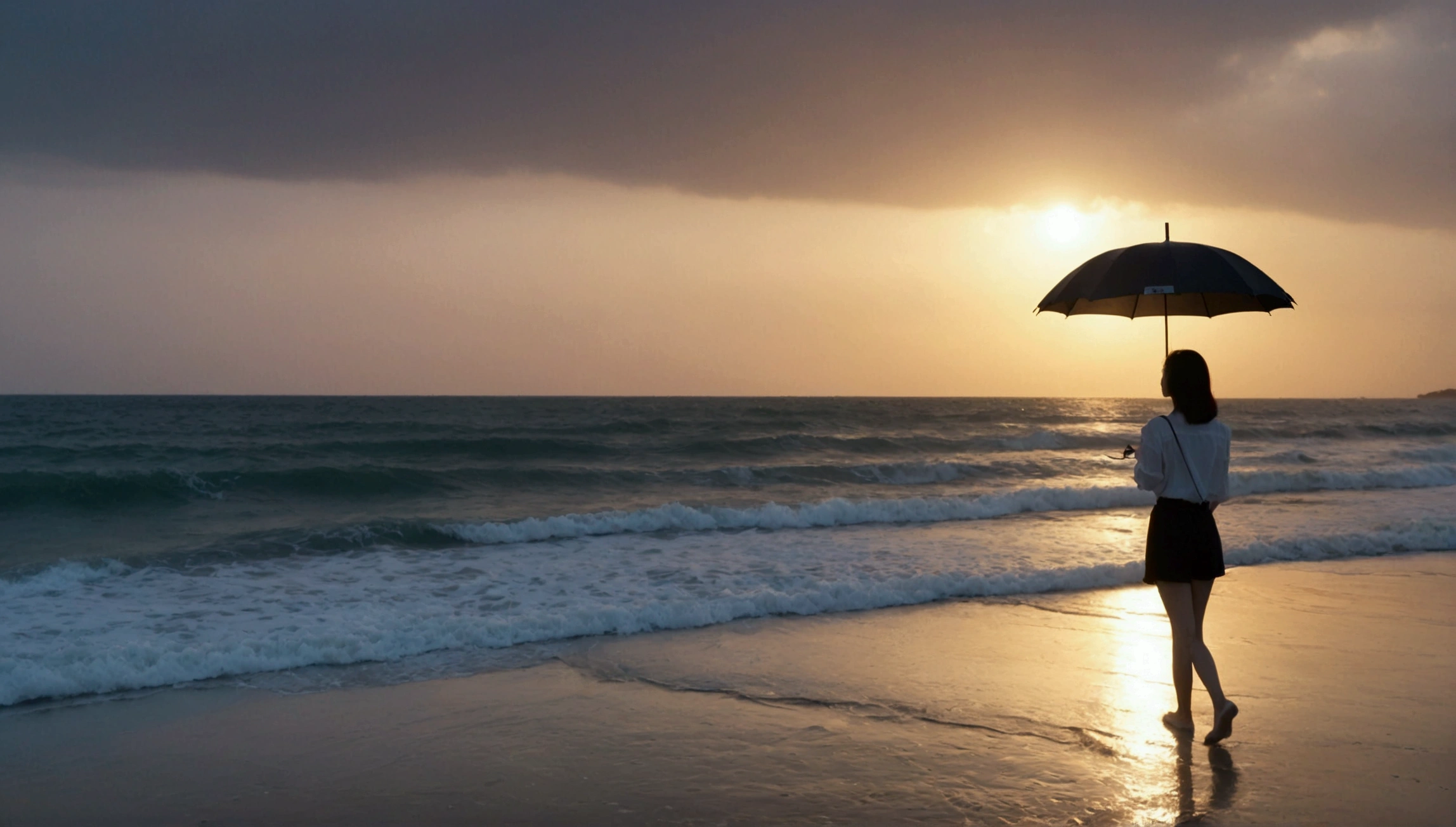8k, Vivid picture quality, Vivid picture quality, long deserted beach, walking slowly from afar, Short hair, beautiful appearance, Model-like body, sunset의 붉은 빛, sunset, alone, afternoon, depressed, tide가 밀려온다, rain, medium size black umbrella, ocean, tide, wind, rain가 내리는, Short and slim Korean woman, Clear picture quality, tower, White shorts, rain가 내리는, Looking at the sea with a black umbrella, the sun goes into the sea
