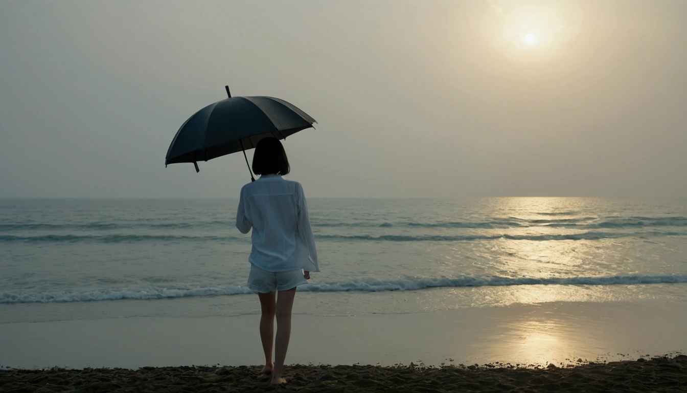 8k, Vivid picture quality, Vivid picture quality, long deserted beach, walking slowly from afar, Short hair, beautiful appearance, Model-like body, sunset의 붉은 빛, sunset, alone, afternoon, depressed, tide가 밀려온다, rain, medium size black umbrella, ocean, tide, wind, rain가 내리는, Short and slim Korean woman, Clear picture quality, tower, White shorts, rain가 내리는, Looking at the sea with a black umbrella, the sun goes into the sea