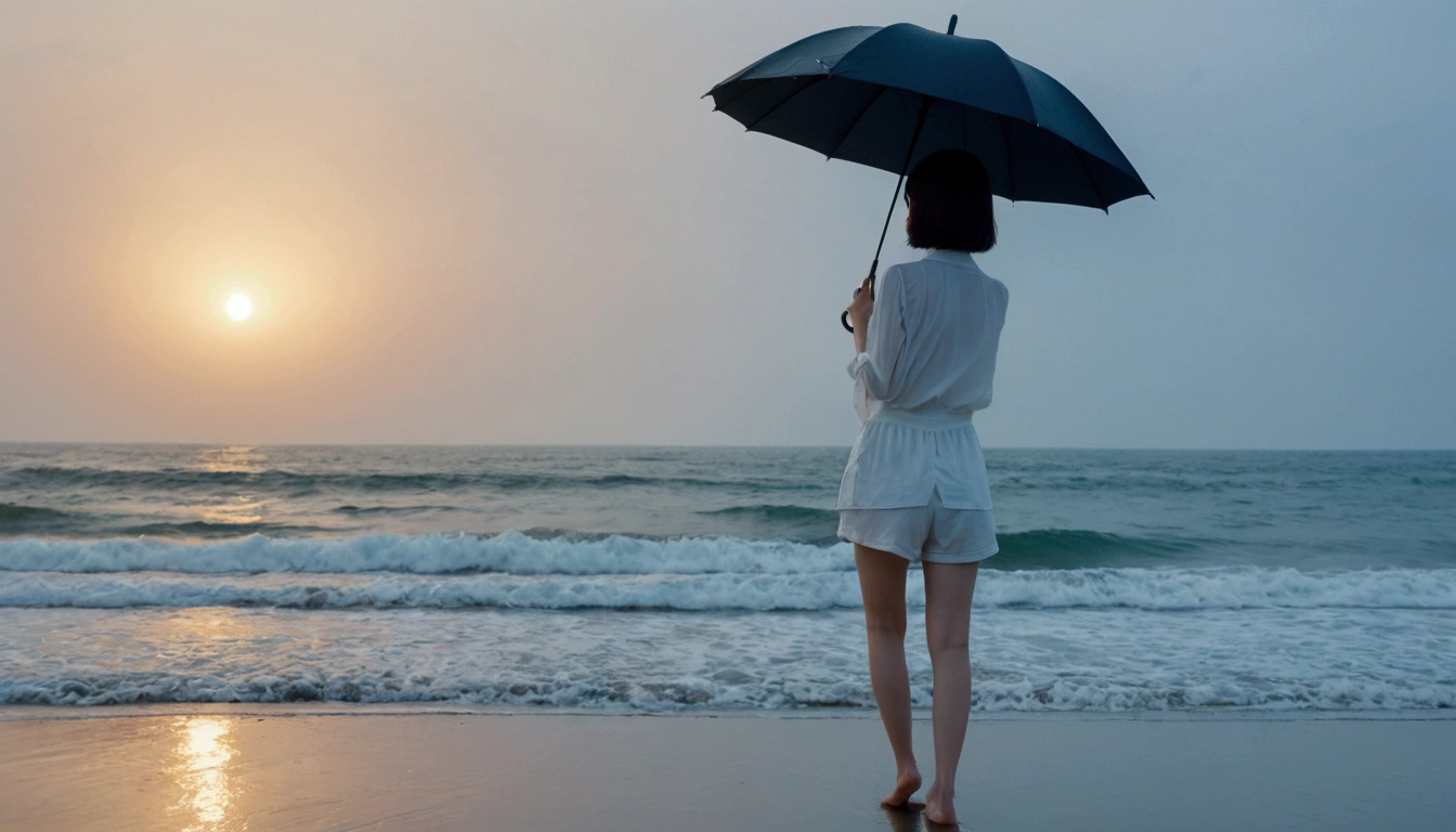 8k, Vivid picture quality, Vivid picture quality, long deserted beach, walking slowly from afar, Short hair, beautiful appearance, Model-like body, sunset의 붉은 빛, sunset, alone, afternoon, depressed, tide가 밀려온다, rain, medium size black umbrella, ocean, tide, wind, rain가 내리는, Short and slim Korean woman, Clear picture quality, tower, White shorts, rain가 내리는, Looking at the sea with a black umbrella, the sun goes into the sea